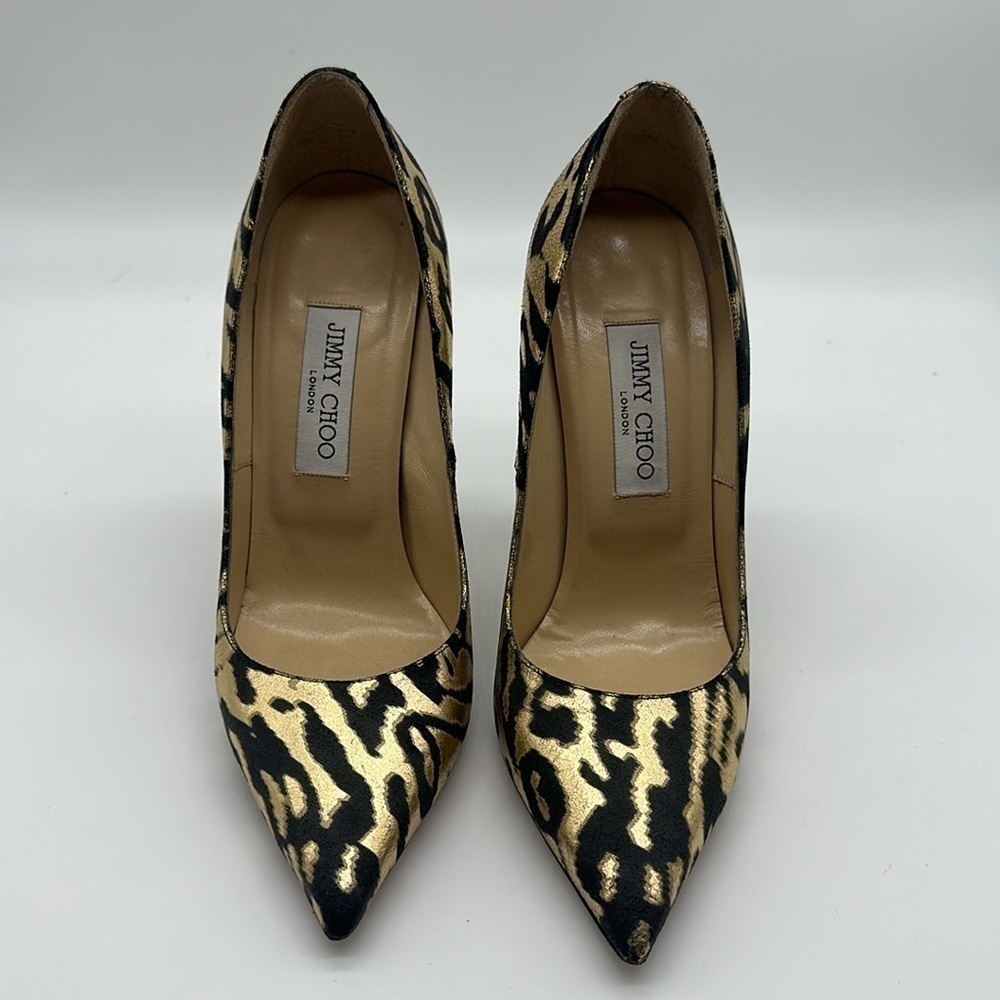 Jimmy Choo Anouk Stiletto Heels Black & Metallic Gold Animal Print Size 38 1/2 - Picture 2 of 8
